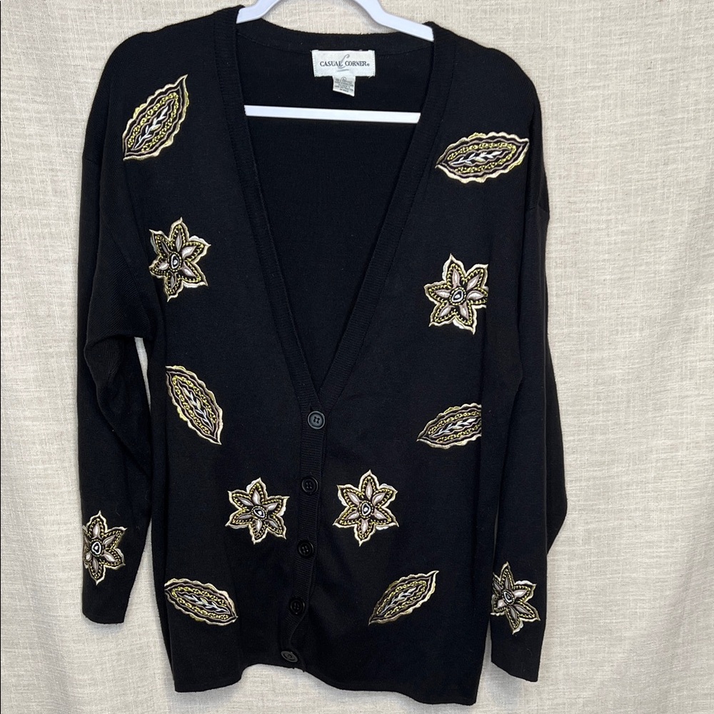 Casual Corner Black Cardigan with Gold & Cream Floral Embroidery